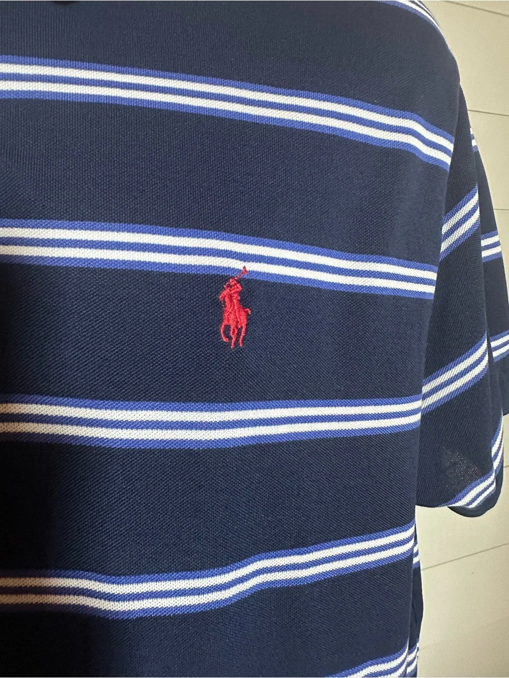 #205 Men's Navy Striped Polo Shirt with Red Logo
